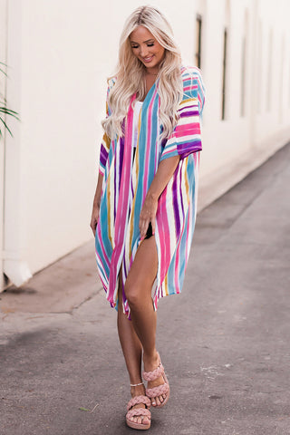 Striped Side Slit Open Front Cardigan Trendsi