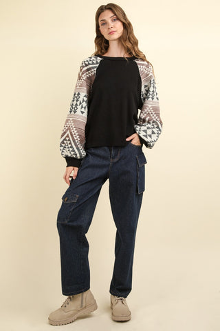 VERY J Printed Long Sleeve Round Neck Knit Top Trendsi