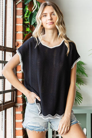 First Love Full Size Contrast Wavy Crochet Drop Shoulder Knit Top Trendsi