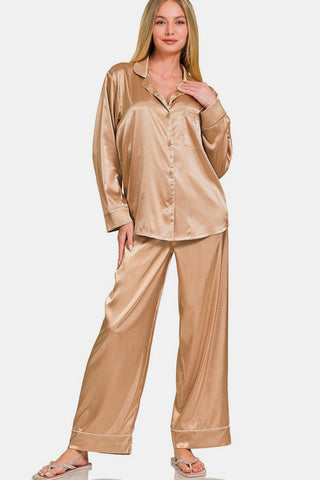 Zenana Satin Long Sleeve Shirt and Pants Pajama Set Trendsi