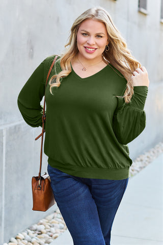 Basic Bae Full Size V-Neck Lantern Sleeve Top Trendsi