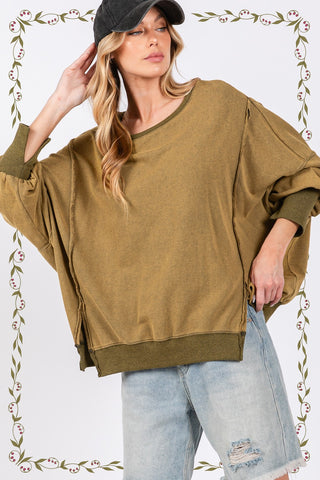 SAGE + FIG Mineral Wash Side Slit Oversized Sweatshirt Trendsi