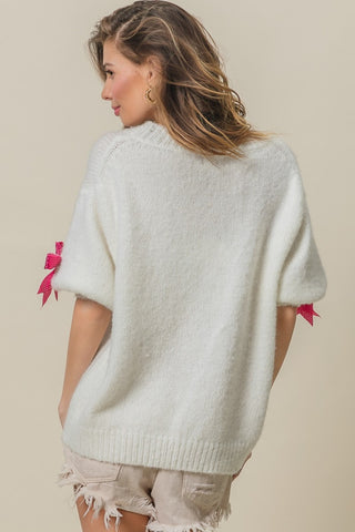 BiBi Sequin Bow Puff Sleeve Sweater Trendsi