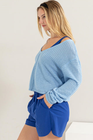 HYFVE V-Neck Stripe Texture Long Sleeve Top Trendsi