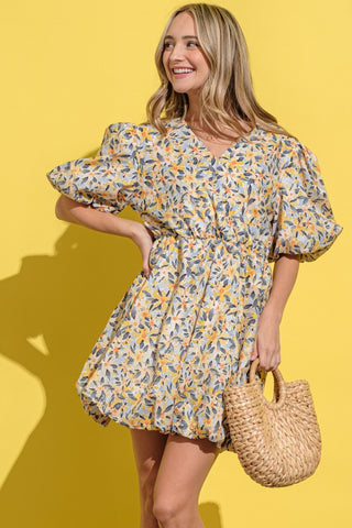 And The Why Full Size Floral Surplice Puff Sleeve Dress Trendsi