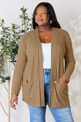 Basic Bae Full Size Ribbed Open Front Cardigan with Pockets Trendsi