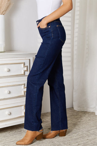 Judy Blue Full Size Raw Hem Straight Leg Jeans with Pockets Trendsi