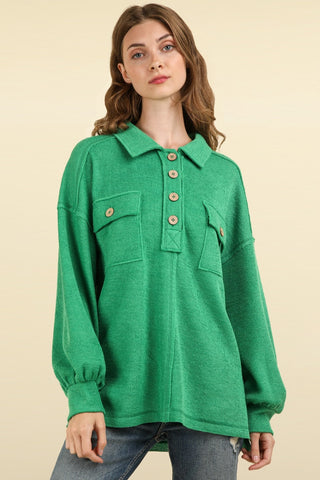 VERY J Collared Half Button Knit Top with Pockets Trendsi