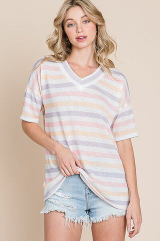 BOMBOM Striped V-Neck Short Sleeve T-Shirt Trendsi