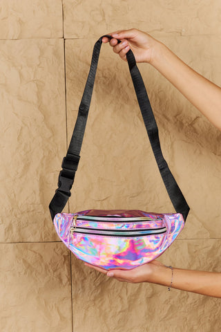 Fame Good Vibrations Holographic Double Zipper Fanny Pack in Hot Pink Trendsi