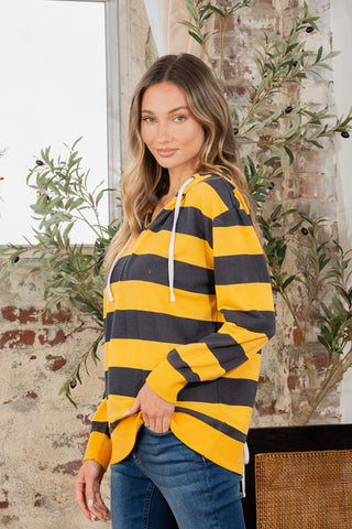 Full Size Drawstring Striped Long Sleeve Hoodie Trendsi