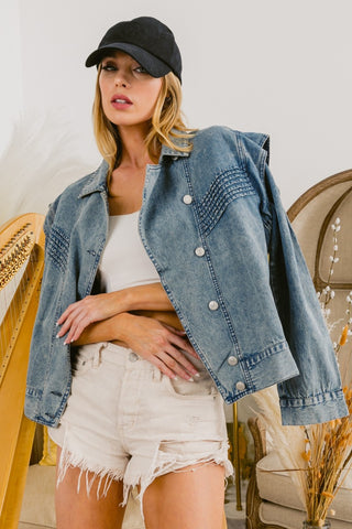 BiBi Button Up Long Sleeve Denim Jacket Trendsi