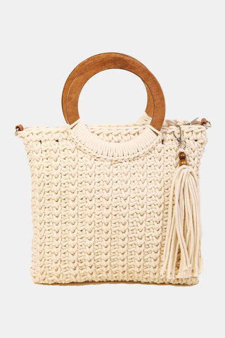 Fame Crochet Knit Convertible Tote Bag with Tassel Trendsi