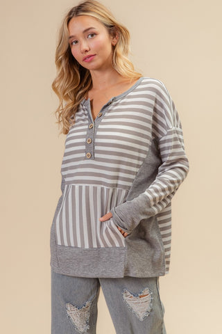 BiBi Striped Thumbhole Long Sleeve Top Trendsi