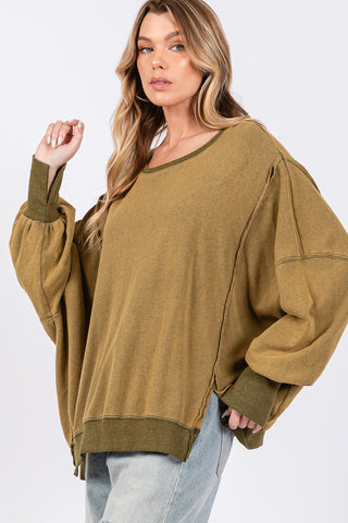 SAGE + FIG Mineral Wash Side Slit Oversized Sweatshirt Trendsi