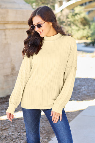 Basic Bae Full Size Ribbed Exposed Seam Mock Neck Knit Top Trendsi