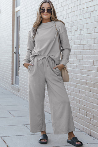 Double Take Full Size Textured Long Sleeve Top and Drawstring Pants Set Trendsi