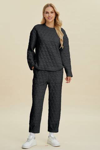 Double Take Full Size Texture Round Neck Long Sleeve Top and Pants Set Trendsi