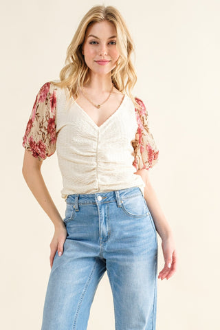 And The Why Full Size Floral Print Textured Sleeve Knit Top Trendsi