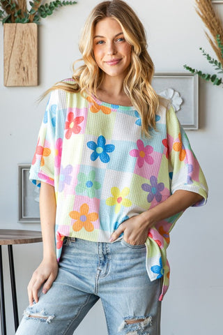 HOPELY Floral Round Neck Waffle T-Shirt Trendsi