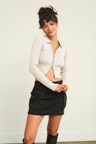 HYFVE Ribbed Double Zip Cropped Cardigan Trendsi