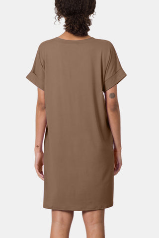 Zenana Rolled Short Sleeve V-Neck Dress Trendsi