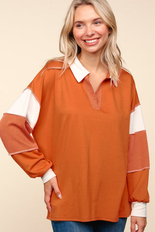 Haptics Color Block Exposed Seam Long Sleeve Top Trendsi