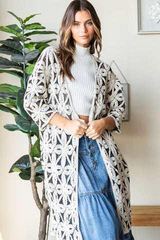 Veveret Geometric Open Front Three-Quarter Sleeve Cardigan Trendsi