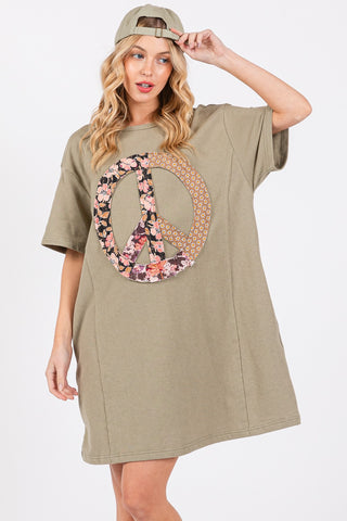 SAGE + FIG Full Size Peace Sign Applique Short Sleeve Tee Dress Trendsi