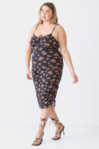 Blue Leopard Plus Size Ruched Floral Square Neck Cami Dress Trendsi