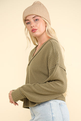 VERY J Exposed Seam V-Neck Ribbed Knit Top Trendsi