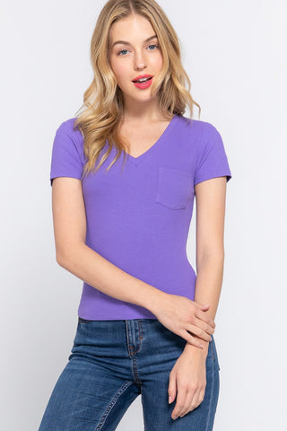 ACTIVE BASIC V-Neck Ribbed Short Sleeve Knit T-Shirt Trendsi