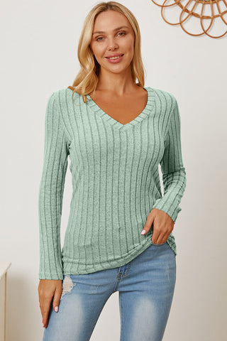 Basic Bae Full Size Ribbed V-Neck Long Sleeve T-Shirt Trendsi