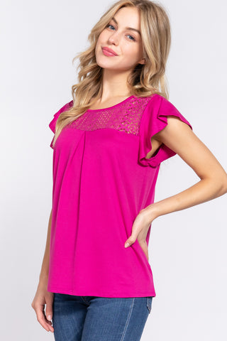 ACTIVE BASIC Ruffle Short Sleeve Lace Detail Knit Top Trendsi