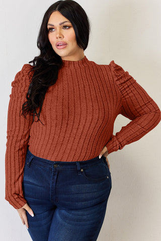 Basic Bae Full Size Ribbed Mock Neck Puff Sleeve T-Shirt Trendsi