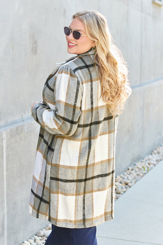 Double Take Full Size Plaid Button Up Lapel Collar Coat Trendsi