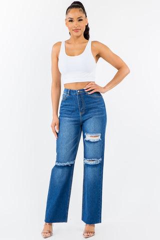 American Bazi High Waist Distressed Wide Leg Jeans Trendsi