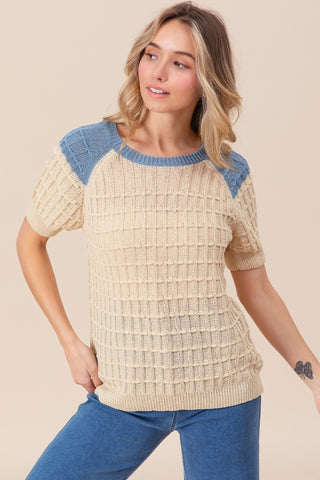 BiBi Textured Contrast Short Sleeve Sweater Trendsi