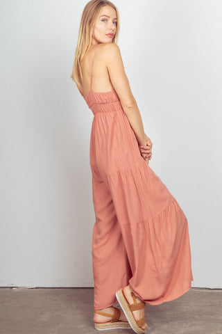 VERY J Sleeveless Ruched Wide Leg Jumpsuit Trendsi