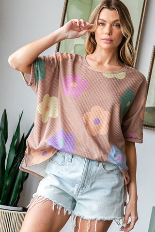 HOPELY Full Size Floral Round Neck Side Slit Waffle T-Shirt Trendsi