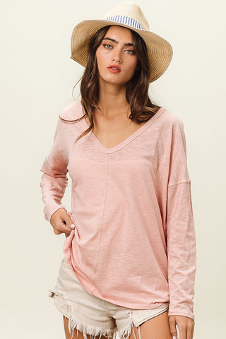 BiBi Exposed Seam V-Neck Long Sleeve T-Shirt Trendsi