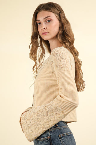 VERY J V-Neck Lace Detail Button Down Crop Ribbed Knit Top Trendsi