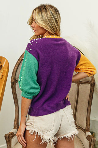 BiBi Color Block Pearl Detail Round Neck Sweater Trendsi