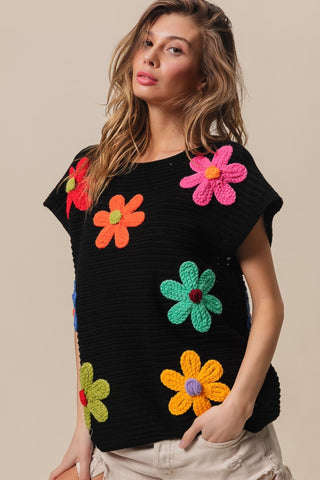 BiBi Flower Round Neck Cap Sleeve Knit Top Trendsi