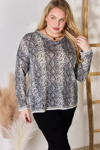 Hailey & Co Full Size Snakeskin V-Neck Long Sleeve Top Trendsi