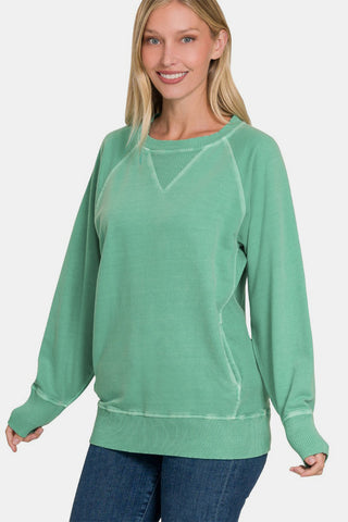 Zenana Pocketed Round Neck Long Sleeve Sweatshirt Trendsi