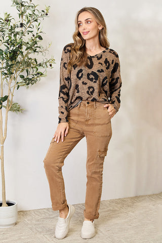 Hopely Full Size Leopard V-Neck Long Sleeve T-Shirt Trendsi