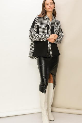 HYFVE Houndstooth Contrast Raw Hem Jacket Trendsi