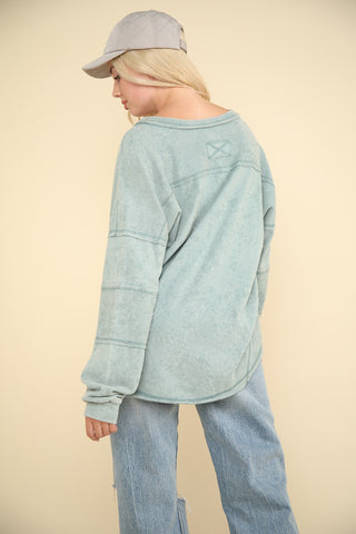 VERY J Washed V-Neck Exposed Seam Knit Top Trendsi