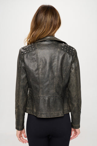 Coalition LA Studded Classic Moto Faux Leather Jacket Trendsi